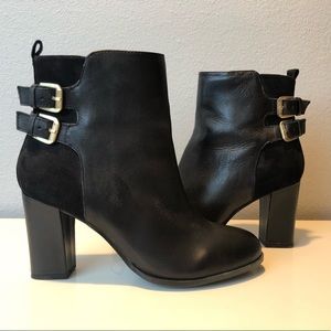 Black leather and suede combo buckled ankle boot